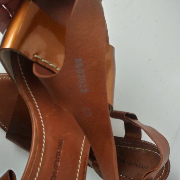 AGL T-Strap Slingback Handmade Sandals Brown Copper Patent Stacked Heel Size 40 - Picture 5 of 6